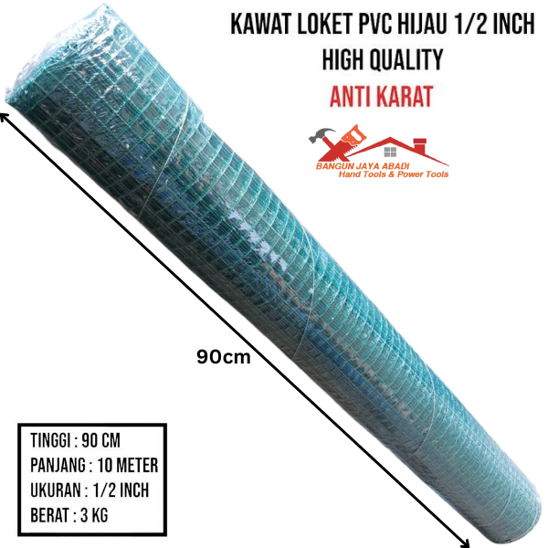 Kawat Mesh Loket Pvc Hijau 1/2 Inci 90 cm +/- 10 Meter Kawat Ram Kandang Aviary Sangkar Burung Ayam 