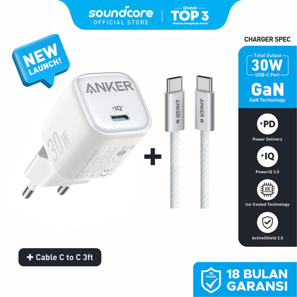 Anker Zolo GaN 30W 20W Adaptor Kepala Charger iPhone 17 16 15 Samsung Type C PD Ice-Cooled Fast Char