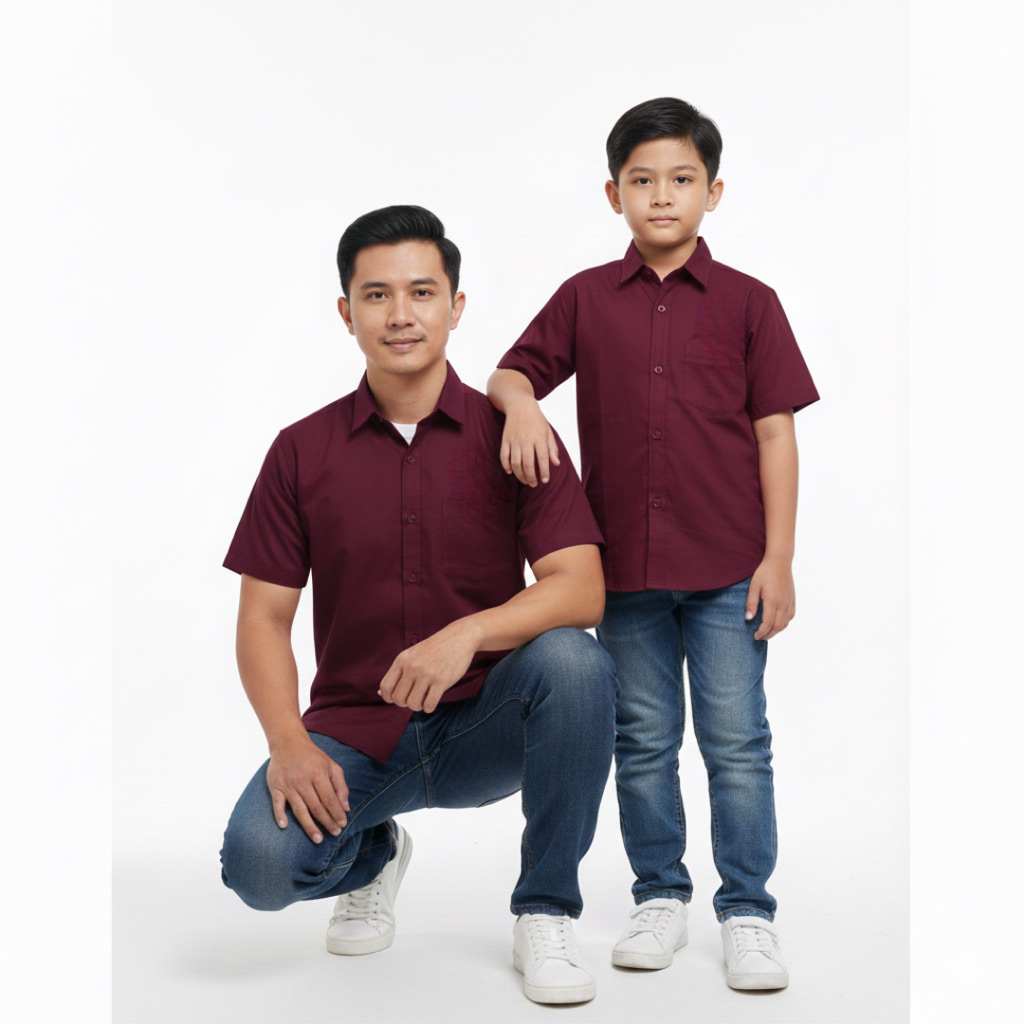 Kemeja Couple Warna Burgundy Kemeja Couple Ayah dan anak Warna Burgundy Bahan Katun Sigaret Premium