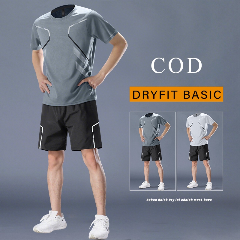 Set Olahraga Pria Abu Baselayer Dry Fit Gym Sepakbola Running Lari Tangan Pendek Kaos Setelan Pria