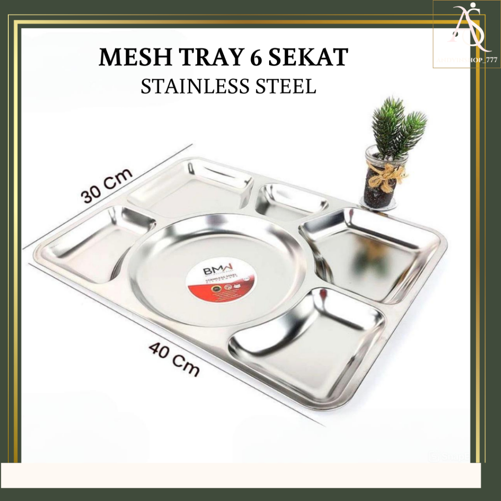 AS -  Piring Nampan Stainless Sekat 6 Food Tray Tebal Rumah Sakit Meshtray Plato Tempat Saji Makanan
