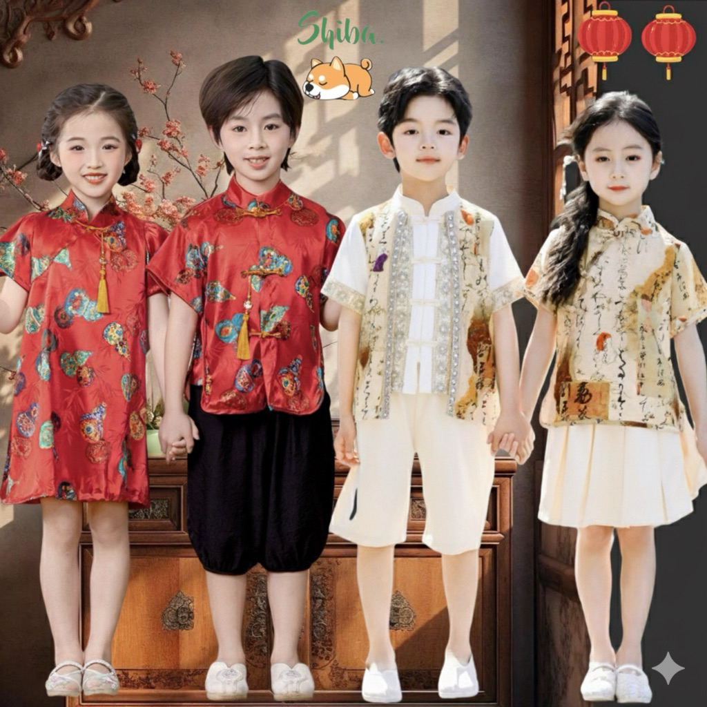 (2-12 TAHUN) Dress Cheongsam Anak Perempuan Import | Setelan Baju Imlek Anak Laki Laki | Setelan Kem