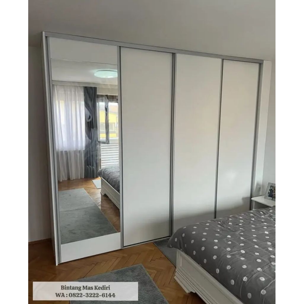 Lemari Pakaian Sliding Door Minimalis Custom | Wardrobe Putih Modern + Cermin | Kediri Blitar Malang