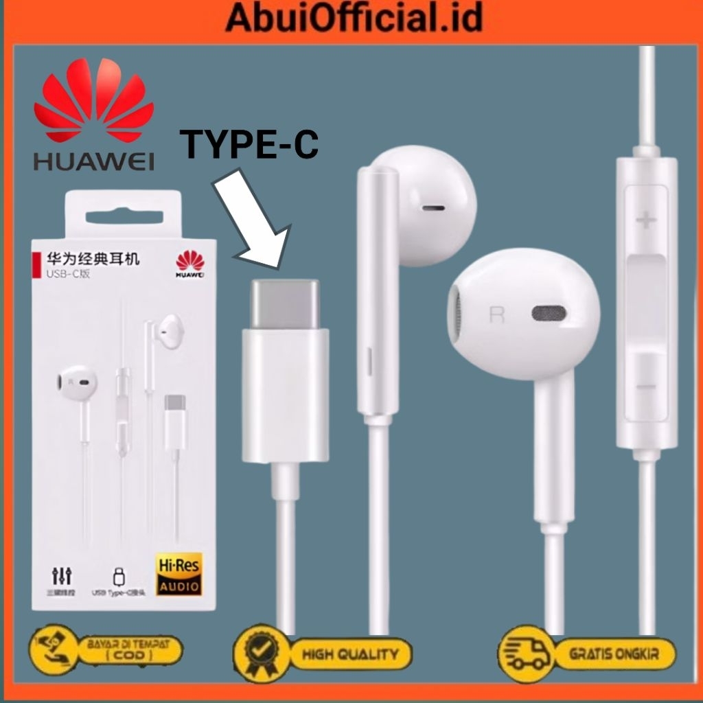 Earphone Huawei Type C Original Headset Kabel Full Bass Nova 5T P30 P50 Pro Mate Handsfree