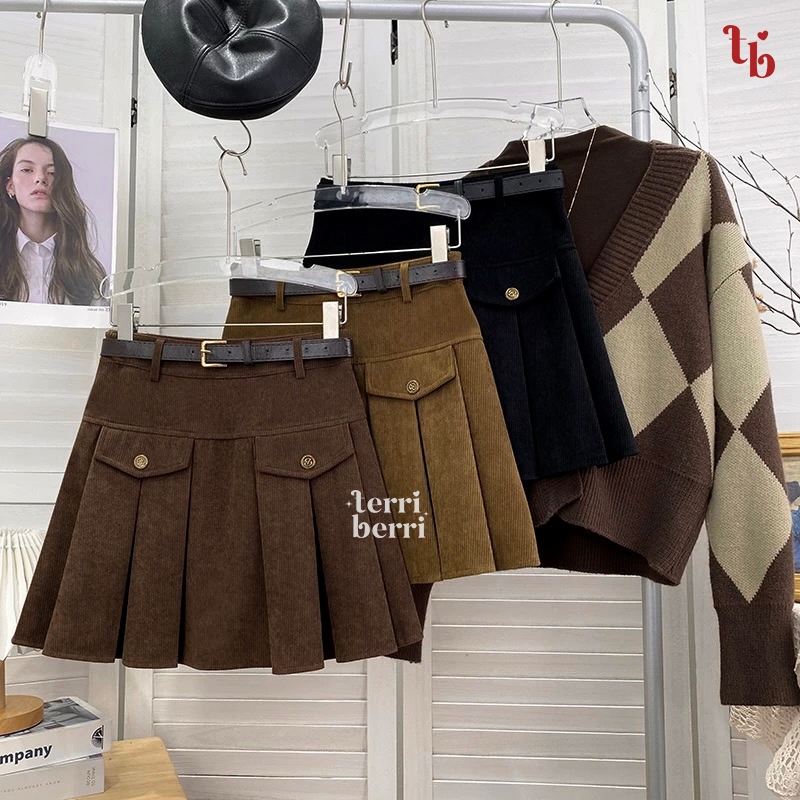 Sora Pleated Mini Skirt Codoray + FREE BELT Model Wanita Cewek Korea Rok Rempel Remple Corduroy Teba