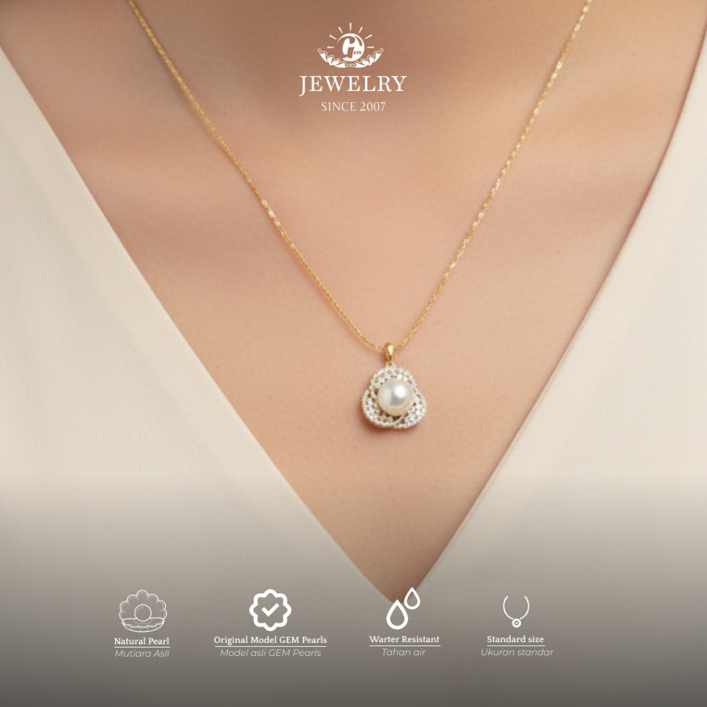 Kalung Mutiara Air Laut Asli Lombok Round Bulat | Perhiasan Wanita Mewah Setting Chrome Premium | Ka