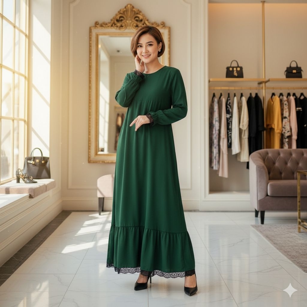 MARYA/ GAMIS HIJAU BOTOL RENDA HITAM