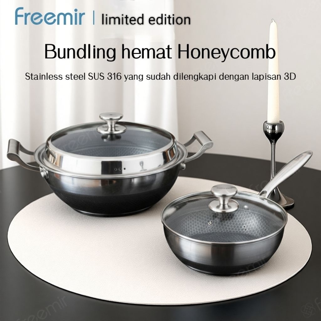 Freemir Bendhel Honeycomb Stainless Steel Frying Pan 24cm + Tutup Kaca+32 Cm tutup kaca
