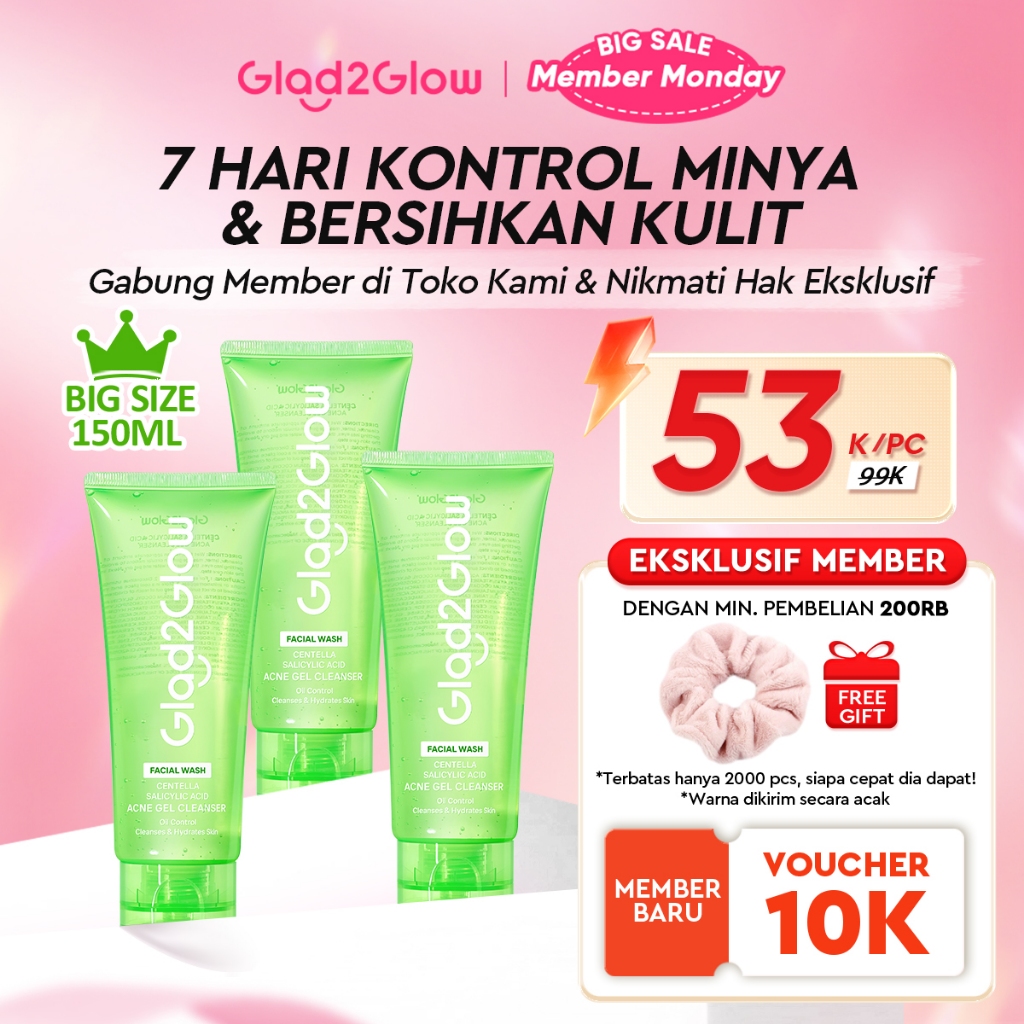 Glad2Glow Centella Salicylic Acid Acne Gel Cleanser facial wash pembersih wajah sabun cuci muka face