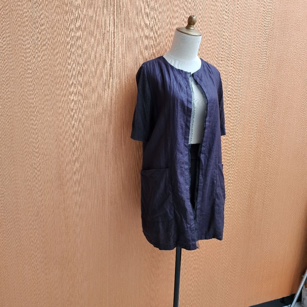 atasan blazer wanita abu tua IZZAT BABA cewek L lengan pendek MEWAH linen rajut