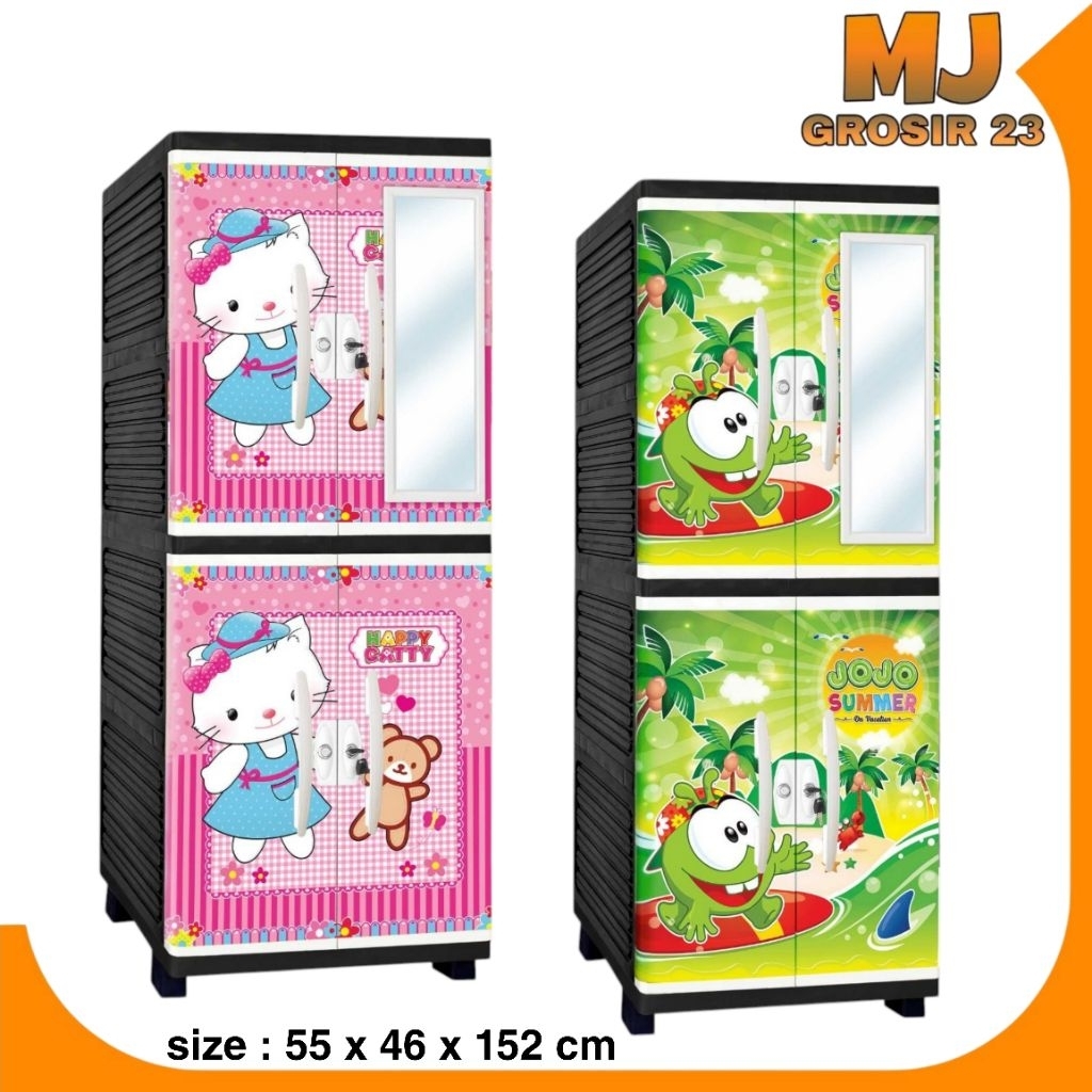 Plastico mini PMC 41CL Lemari pakaian plastik printing karakter minimalis kaca kunci susun 4 lemari 