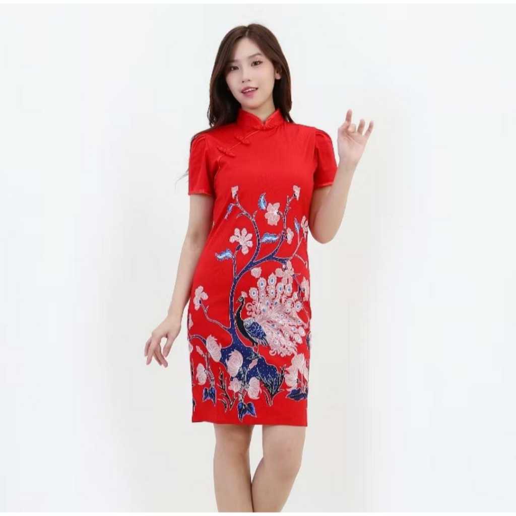 BATIK CHEONGSAM WANITA ATASAN IMLEK SPECIAL MERAH RED DRESS GAUN PESTA