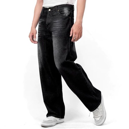Celana Jeans  JUMBO Hitam Whisker Gombrong Baggy Pants Wide Leg Lebar Skena Losse Cowok Korean Style