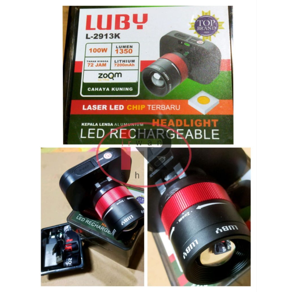 Senter Kepala Luby L2913 Kuning 100 Watt Zoom / Senter Kepala Luby 2913K 100 Watt Zoom