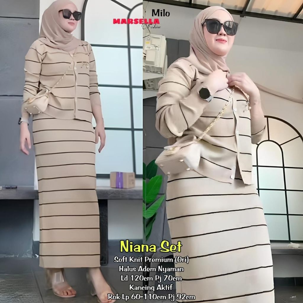 Niana one set wanita kekinian by marsela cardigan wanita garis garis rok span striped kemeja wanita 