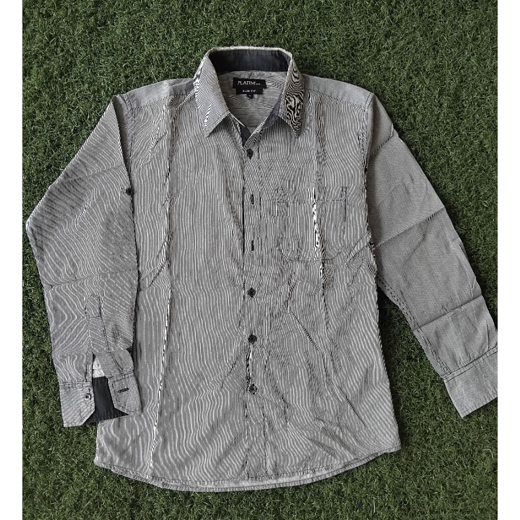 kemeja slim fit salur pria brand platini pl lengan panjang