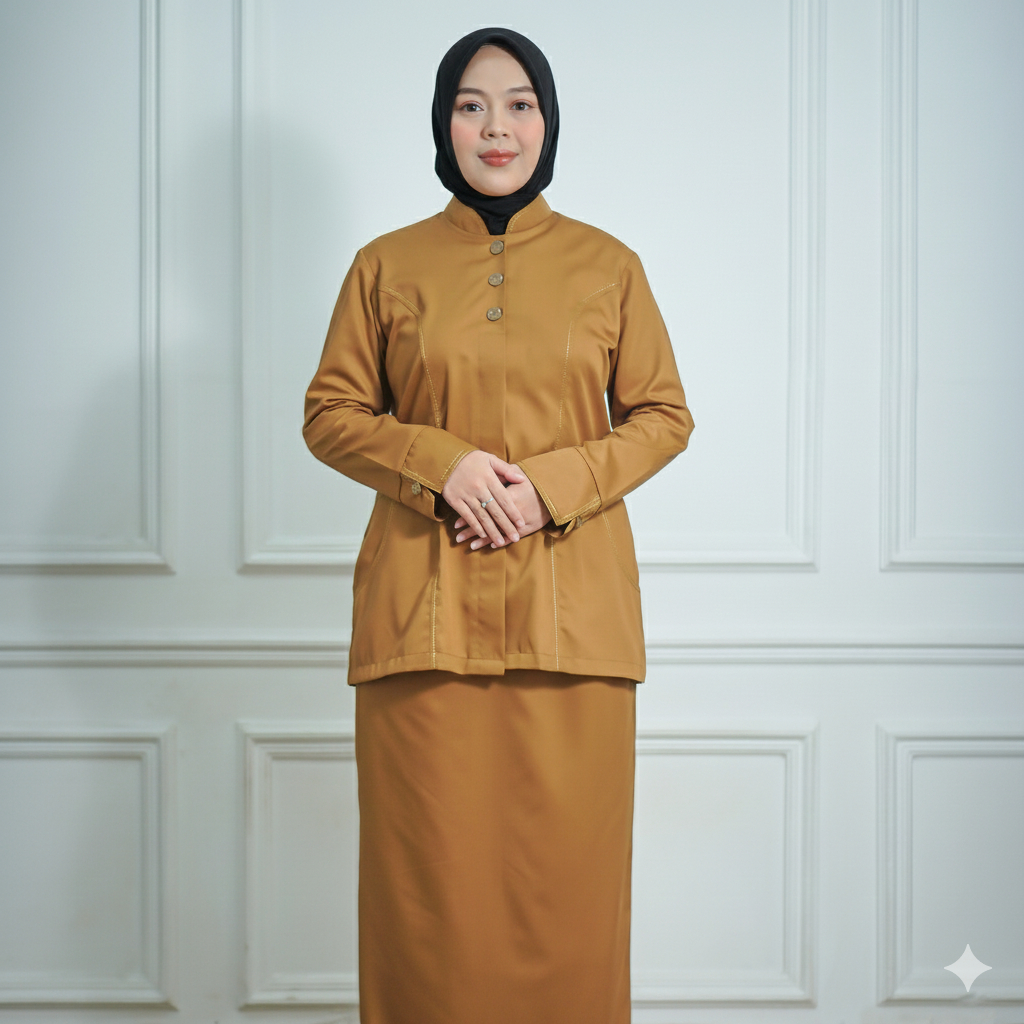 Setelan Baju Kemeja Pemda Dinas PDH PNS Wanita Model Saku Dada Warna Khaki Tua Terpopuler