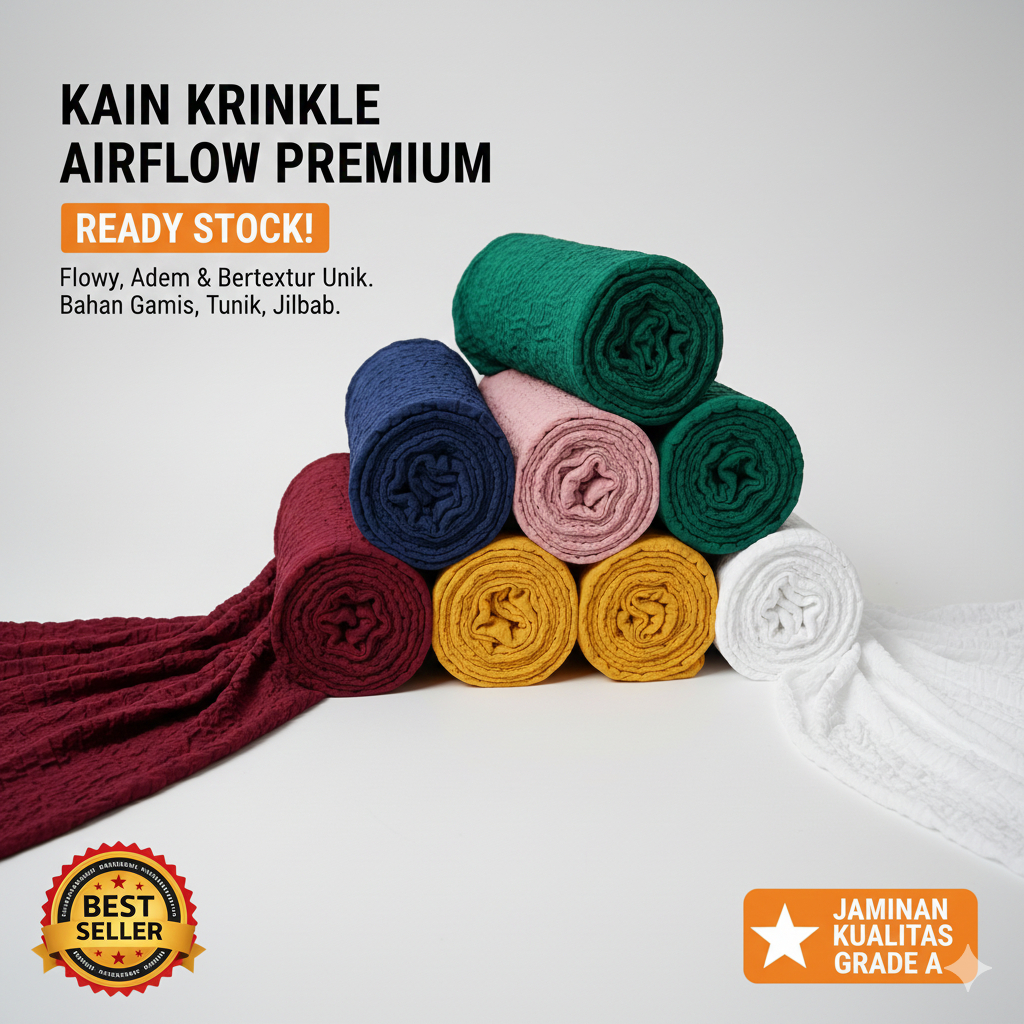 Kain Crinkle Airflow Premium | BEST SELLER | Bahan Gamis Jilbab | Ecer Meteran Grosir