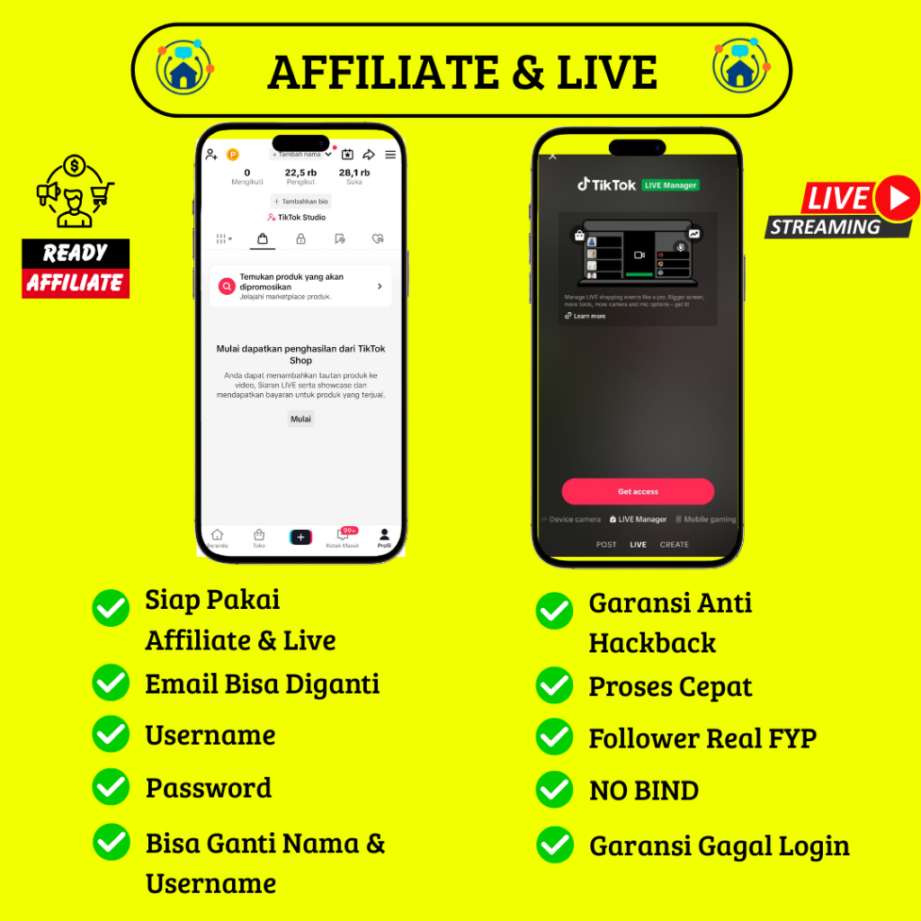 Akun Tiktok AFFILIATE Bisa LIVE 30k-60k FOLL | SIAP PAKAI | Real Follower INDO
