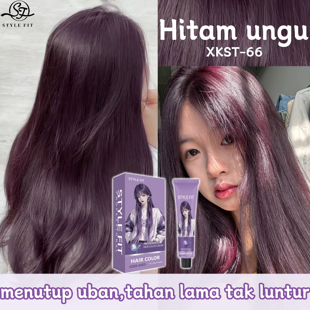 Tahan lama tak luntur,STYLE FIT Cat rambut ungu hitam 200ML Bahan herbal tanpa bleach,cat rambut pur
