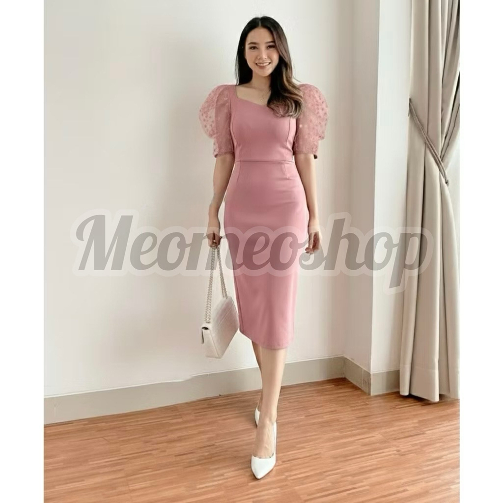 Dress Scuba Vivian Lengan Tile Pokadot Premium