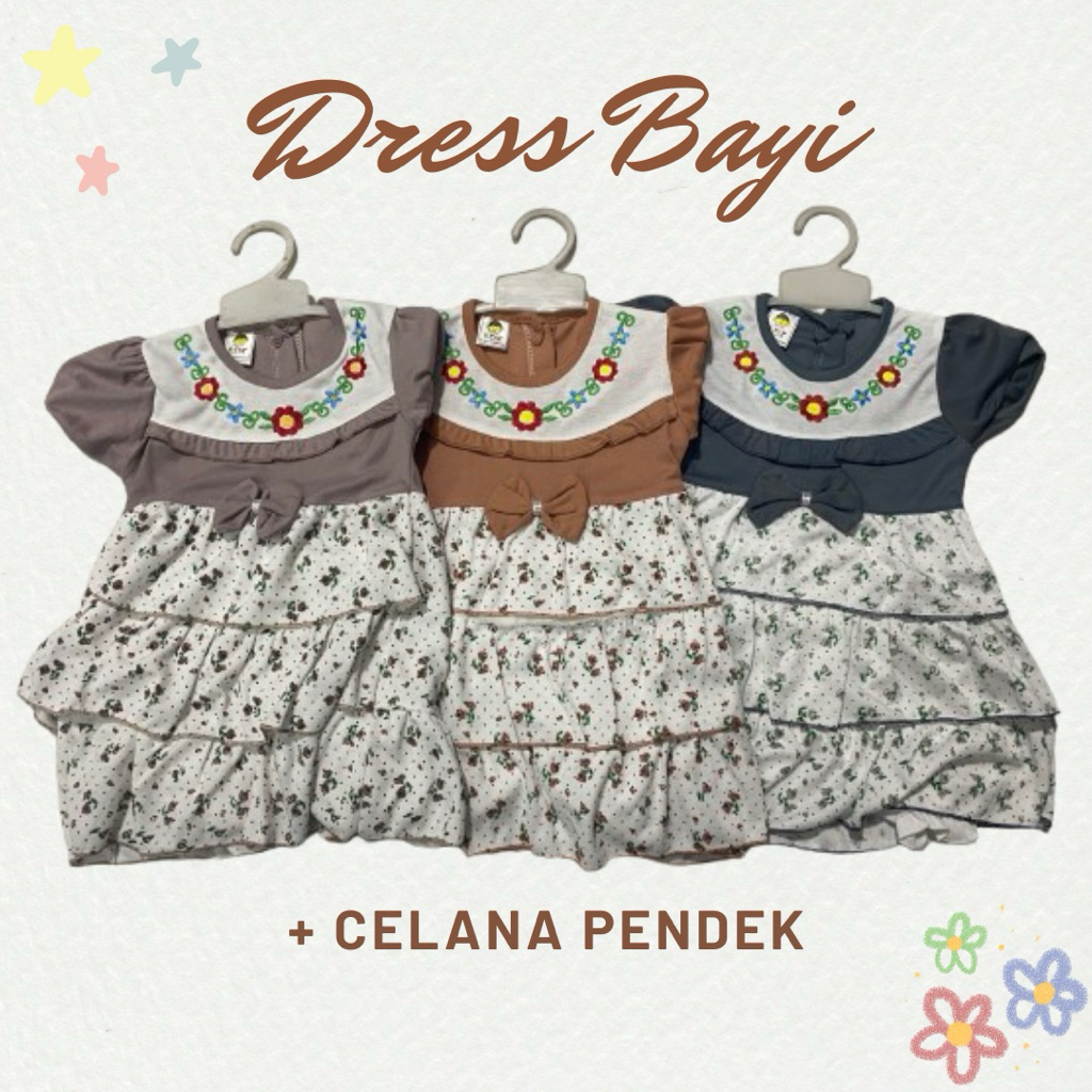 Dress Bayi Bordir Bunga Katun Premium Anak Perempuan + Celana Pendek Putih Adem Nyama