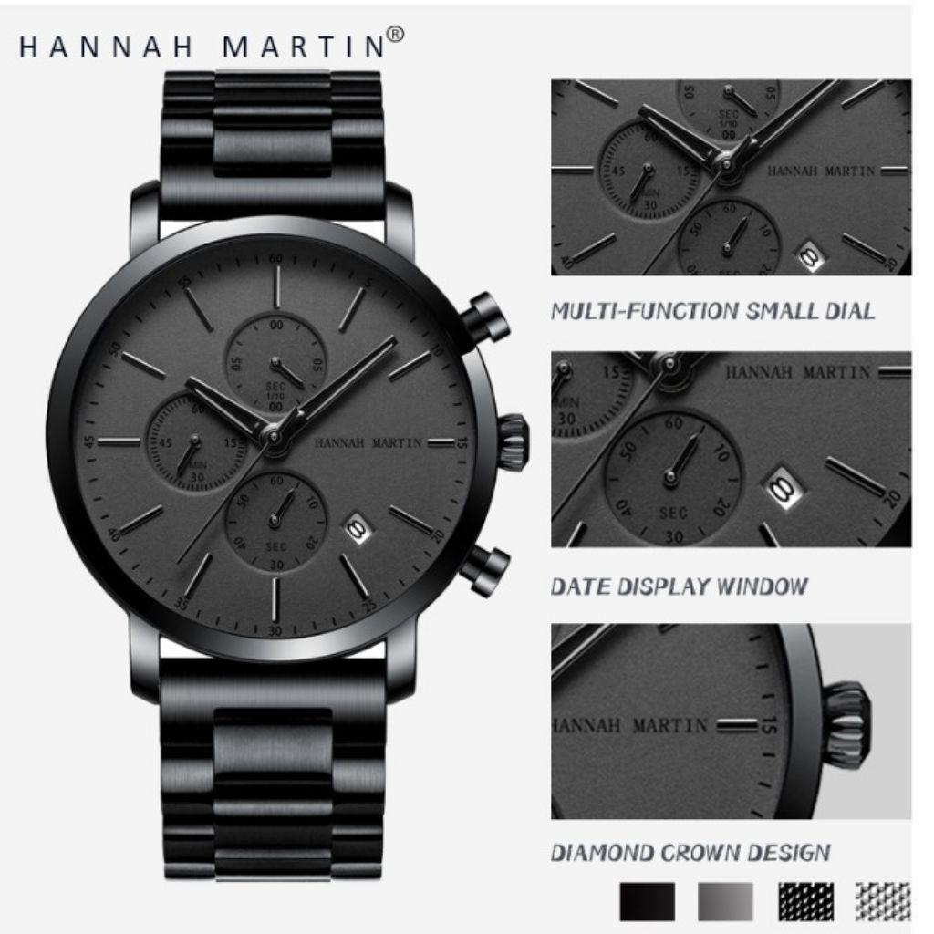 Jam Tangan Pria HANNAH MARTIN, Jam Tangan Quartz men's casual, Jam dengan Tanggal, Jam Pria elegance
