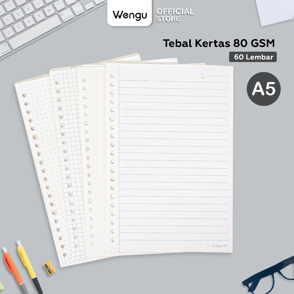 WENGU Loose Leaf Binder 80 Gsm A5 Isi 60 Lembar Bergaris Polos Kotak Titik Warna A/B/WG-560