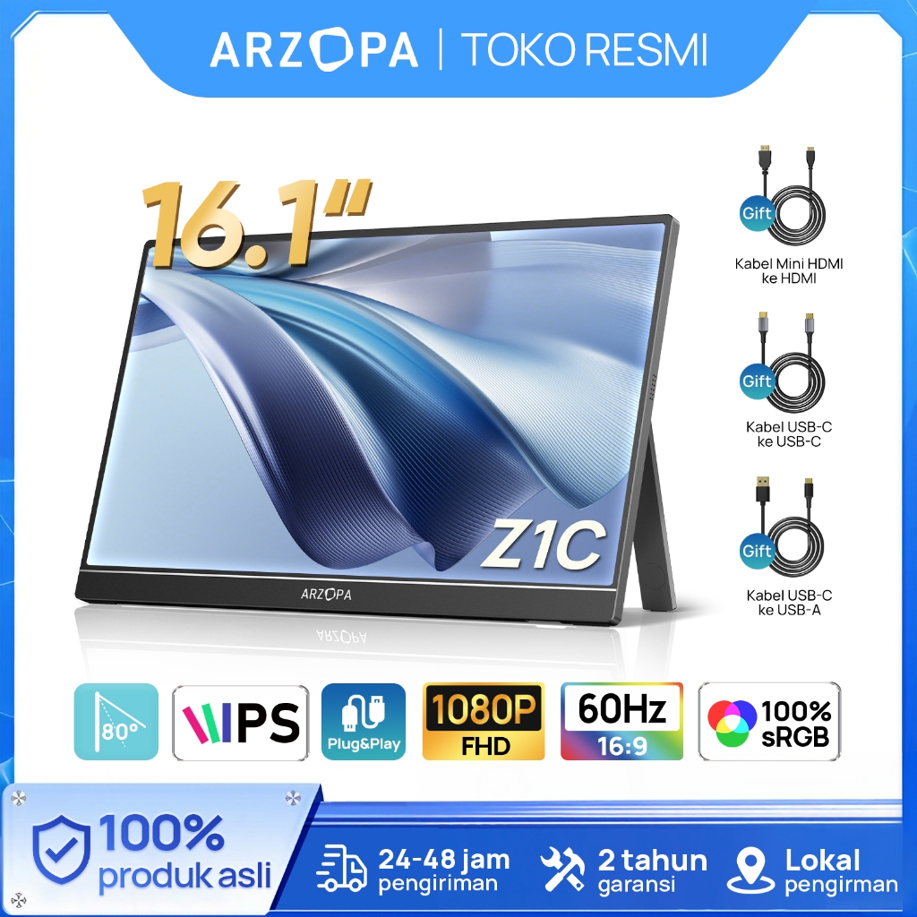 (Official Store) ARZOPA Z1C - Monitor Gaming Portabel 16.1" 100% sRGB dengan Kickstand, Layar IPS US