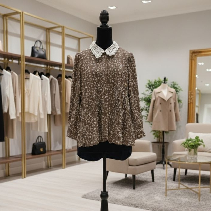 Blouse Wanita Motif Bunga dengan Kerah Renda Putih