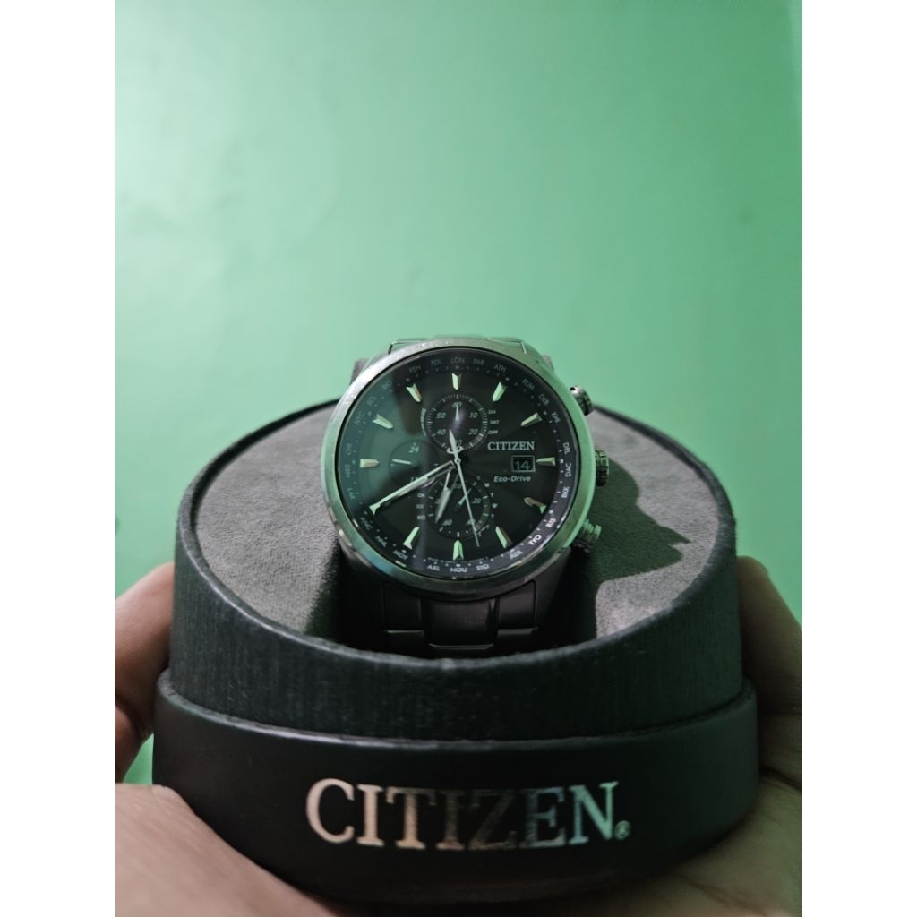 Jam Tangan Pria Citizen Eco-Drive AT8015-54E Chronograph Radio Controlled Black Dial Stainless Steel
