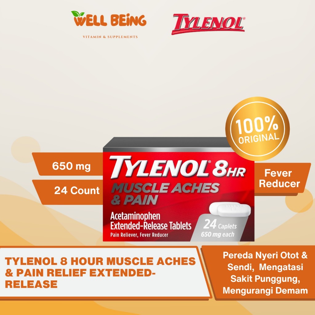 Tylenol 8 Hour Muscle Aches & Pain Relief 650mg Isi 24 Caplets | WellBeing Original USA