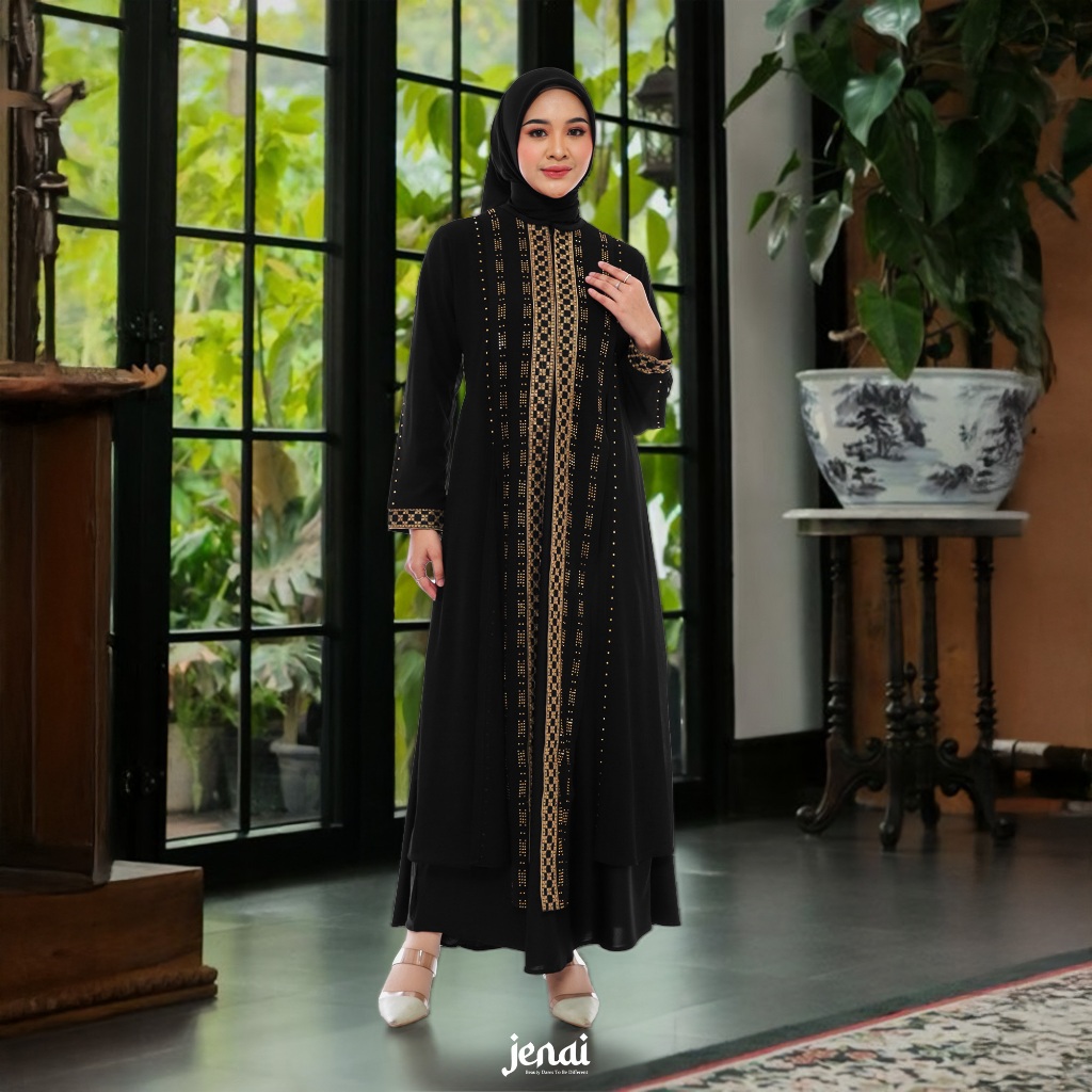 JENAI Abaya Hitam Gold Elegan - Gamis Hitam Mewah Terbaru dan Busui Friendly