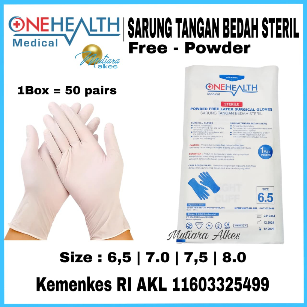 (MUTIARA ALKES) Sarung Tangan Steril ONEHEALTH isi Sepasang / Bedah / Surgical Gloves