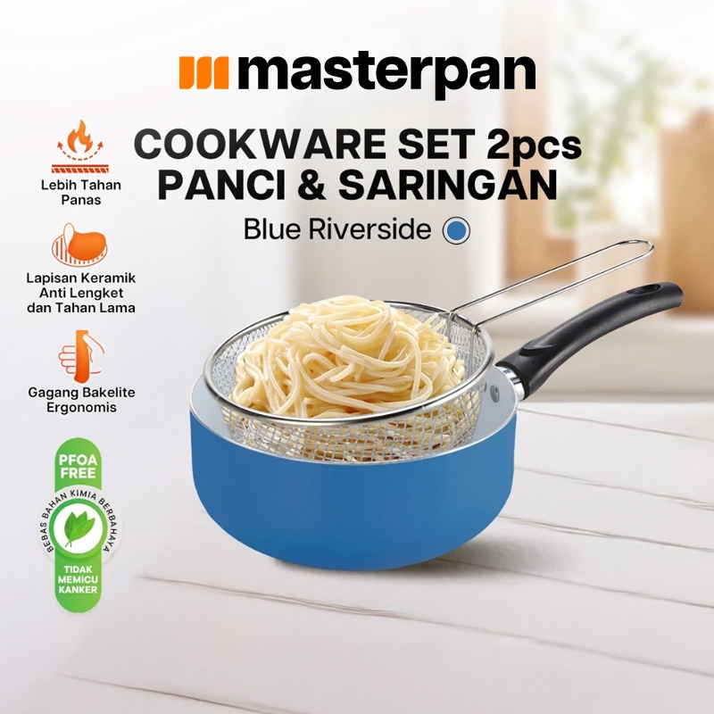 Master Pan Set Panci dengan Saringan Warna Biru 2 pcs Cookware Set + Strainer Blue Riverside