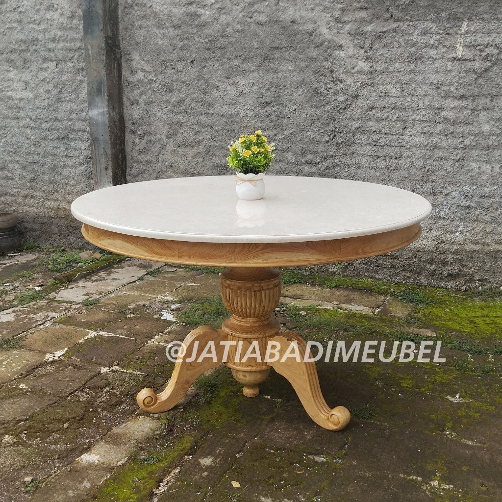 Meja Makan Marmer Bundar Bulat Klasik Kayu Jati, Meja Tamu Teras Bundar Bulat Marmer Jati