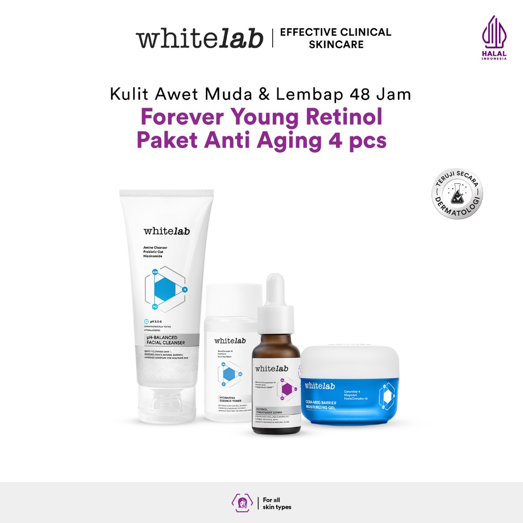 Whitelab 4 pcs Anti Aging Series - Facial Cleanser, Essence Toner, Serum, Moisturizer Paket Skincare
