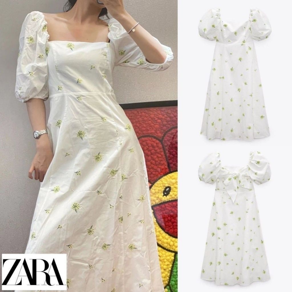 [ZARA] Embroidery Poplin Long Dress Floral Puffy Sleeve With Smoke Back Tie Cotton Square Neck Summe