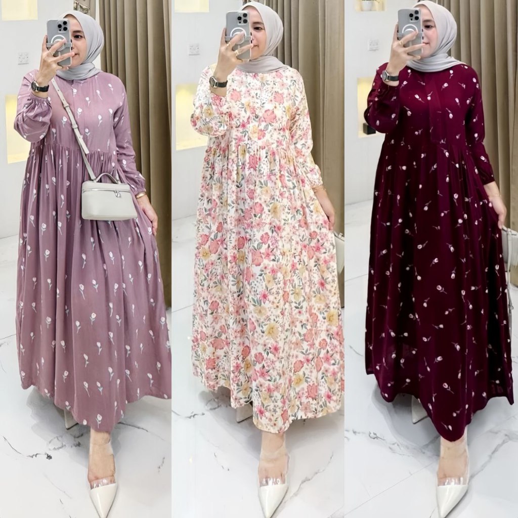 Midi Dress Rayon Premium Motif Bunga Resleting Busui