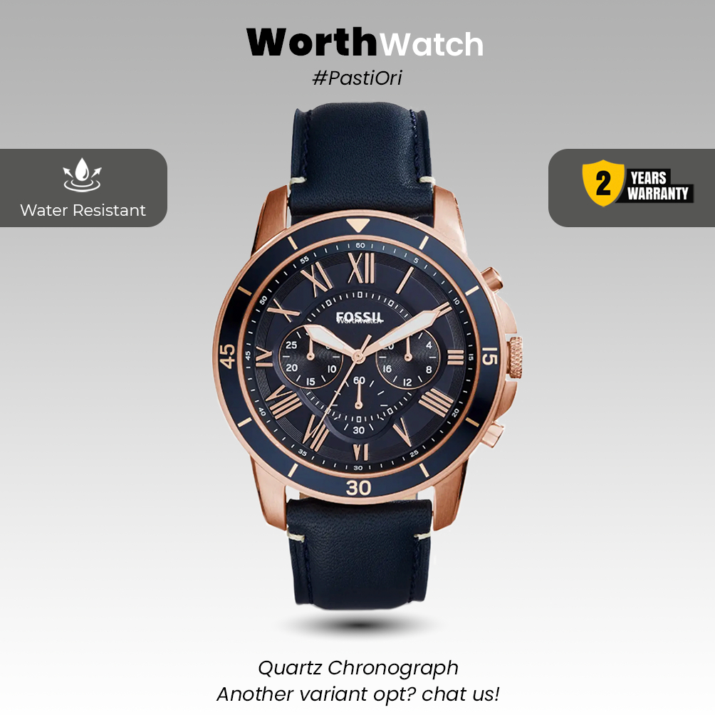Jam Tangan Pria Sporty FS-5237 Grant Chronograph Navy Leather Strap 44mm - Tahan Air - Garansi -GR