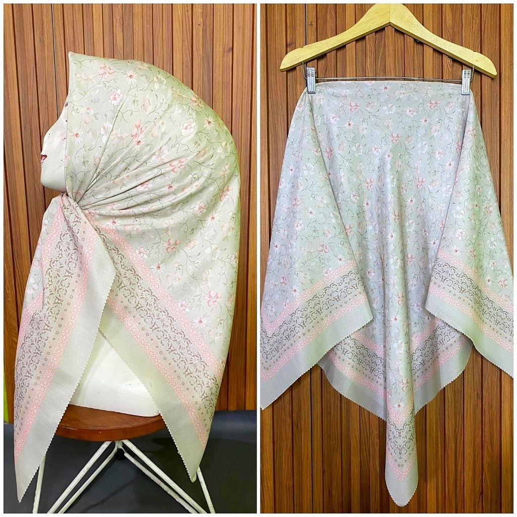 HIJAB SEGI EMPAT VOAL MOTIF BUNGA FELISHA SAGE MINT