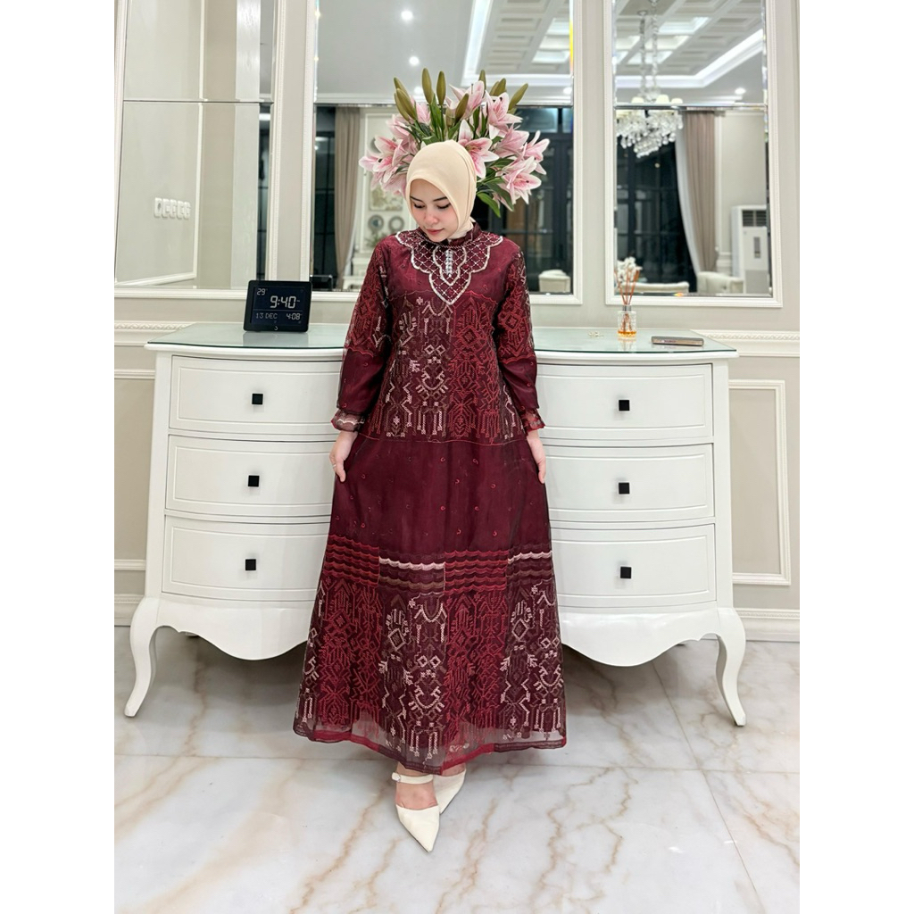 Gamis bahan organza bordir premium mix  armanisilk (model menyatu) + fayet Motif bordir sabto  ori B