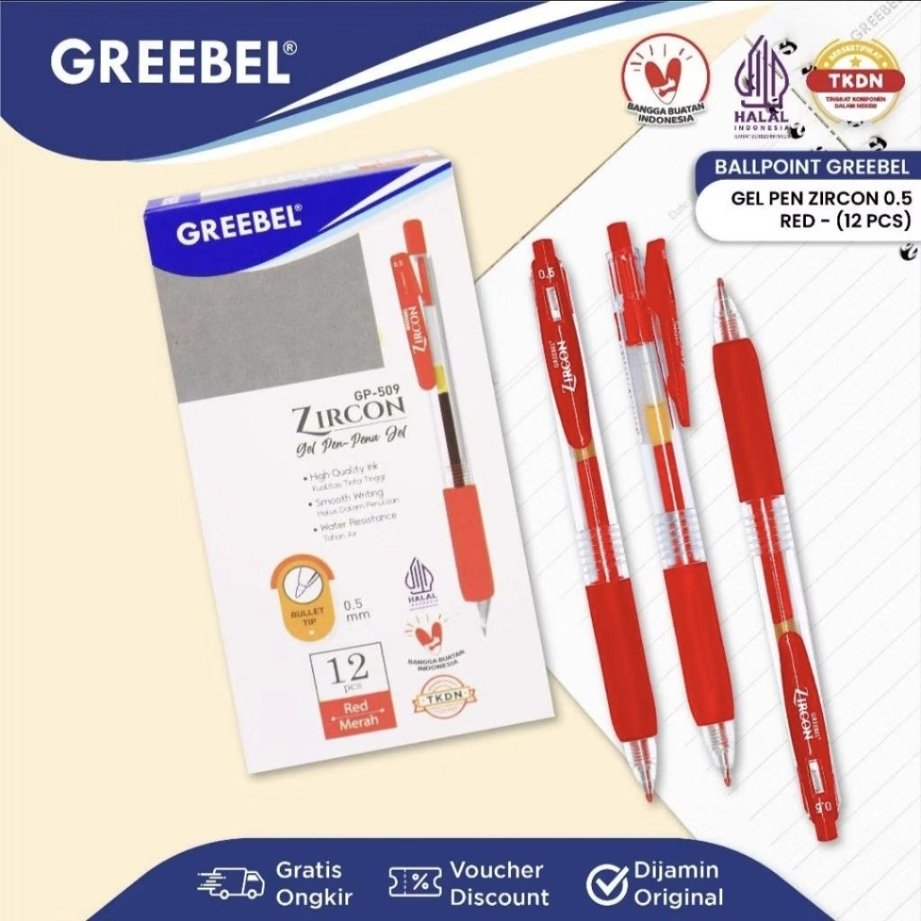 Greebel Pulpen Gel Zircon GP-509 Red 0.5 mm (1 pack isi 12) / Ballpen Gel Zircon 0.5 mm Merah / Ball