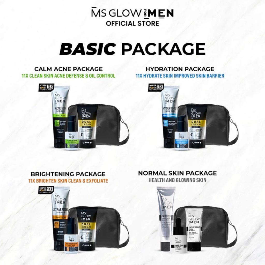 MS GLOW FOR MEN Varian Basic Package - Skincare Wajah Pria Mencerahkan Kulit Kusam, Penghilang Jeraw