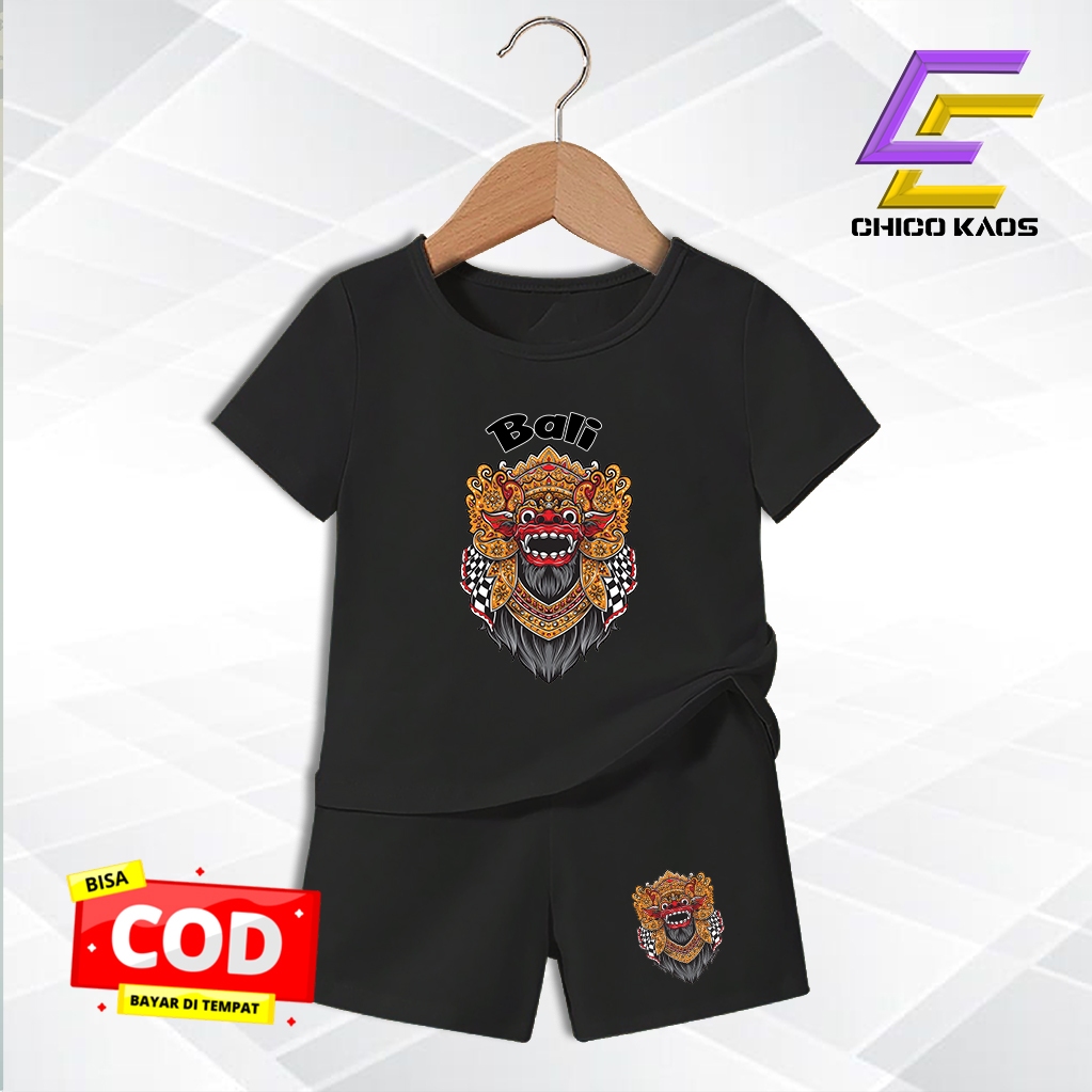 Setelan set baju kaos lengan pendek anak laki laki perempuan unisex murah katun Barong Bali