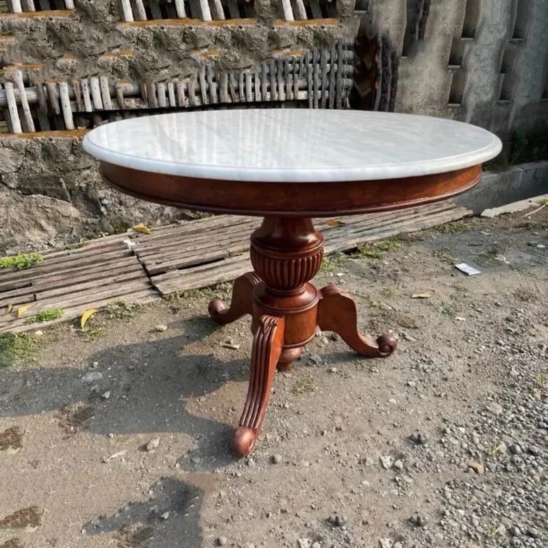 Meja Makan Kayu Jati Marmer Bundar Bulat Klasik, Meja Tamu Teras Bulat Bundar Marmer Jati