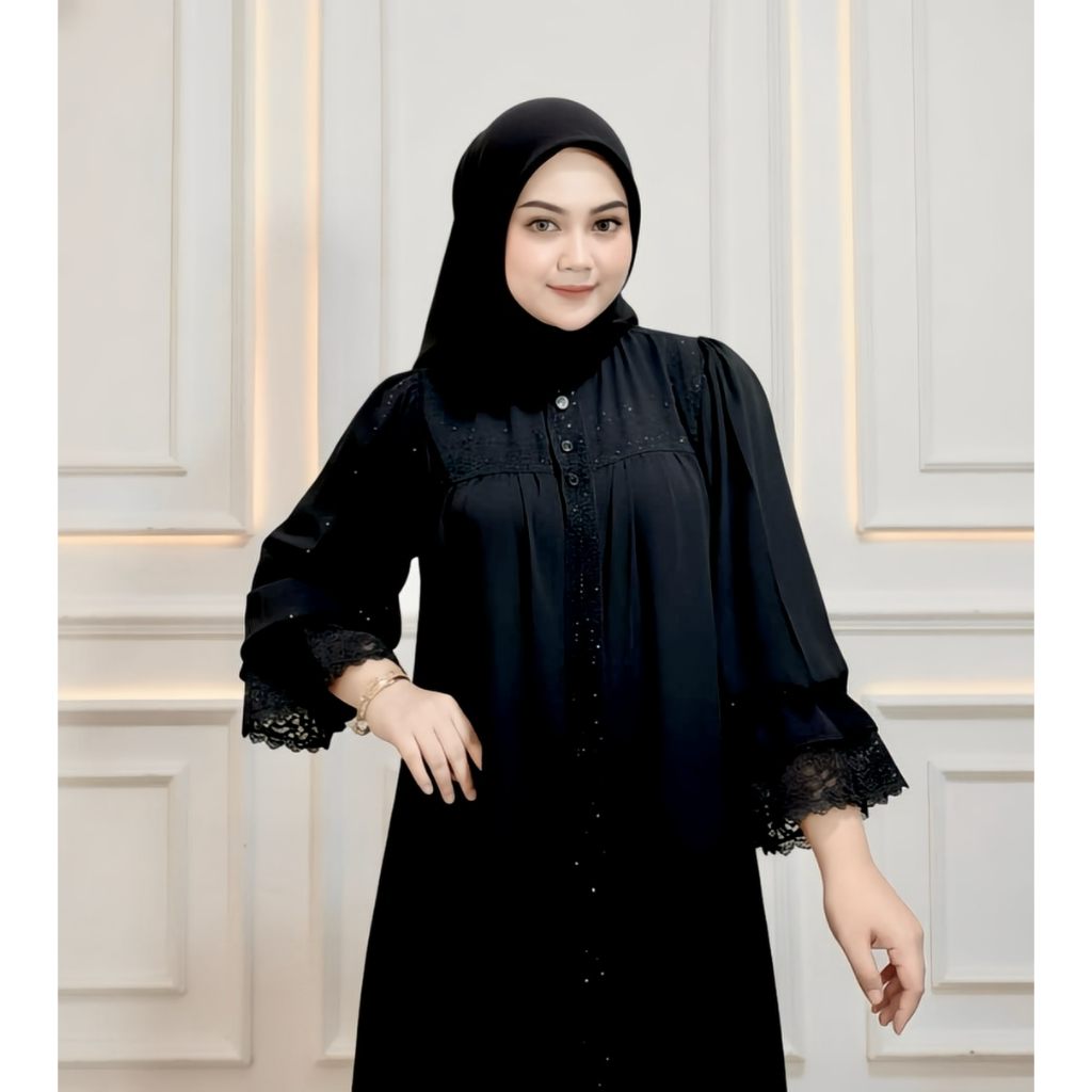 (Pre-Order) ABAYA ELISHA - Gamis Abaya Lengan Balon Renda Elegan Payet Berkilau Bahan JETBLACK Kuali
