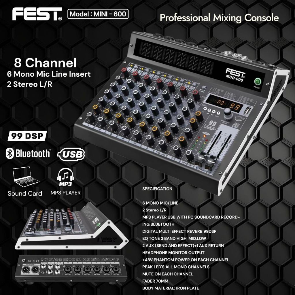 Mixer Fest Mini 600 Original 8 Channel Bluetooth