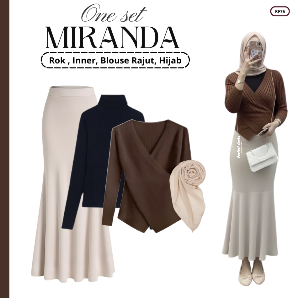 Setelan OOTD Simple Wanita | Rok Duyung, Inner, Blouse Rajut, Hijab | One Set Kekinian RF75