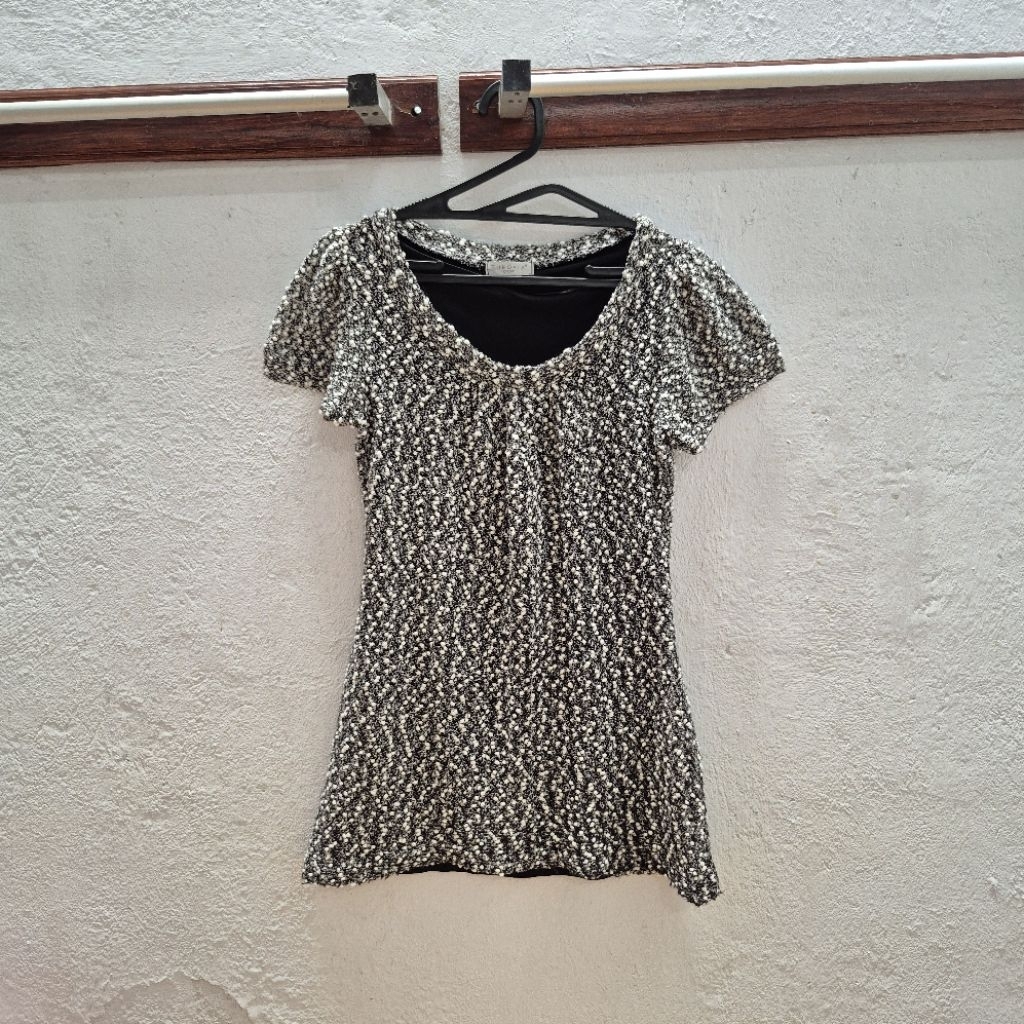 Baju Atasan Mini Dress Tweed Hitam Putih Merek THEORIA Rajut Premium - Mini Dress Casual Tweed Look